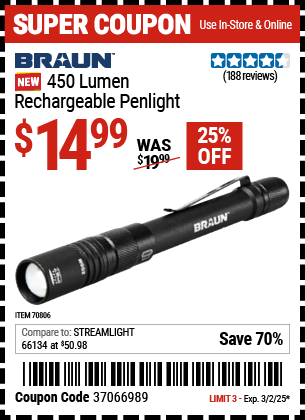 BRAUN 450 Lumen Rechargeable Penlight