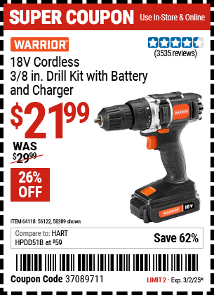 WARRIOR 18V Cordless 3/8 in. Drill Kit with Battery and Charger