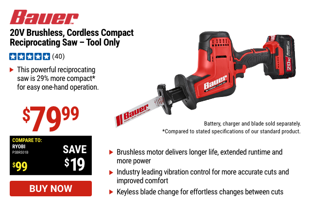 Bauer: 20v Brushless Compact Reciprocating Saw