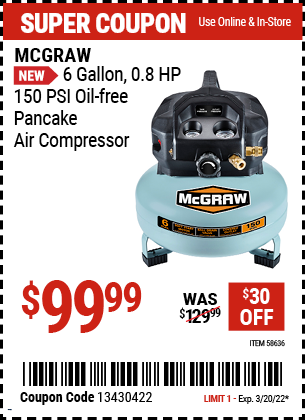 6 gallon 0.8  HP 150 PSI Oil Free Pancake Air Compressor