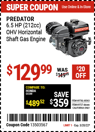 6.5 HP (212cc) OHV Horizontal Shaft Gas Engine