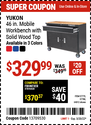 Yukon: 46 in. Mobile Workbench with Solid Wood Top