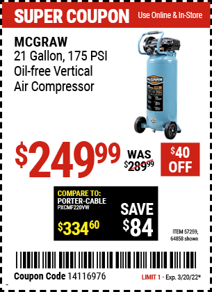 21 gallon 175 PSI Oil-Free Vertical Air Compressor