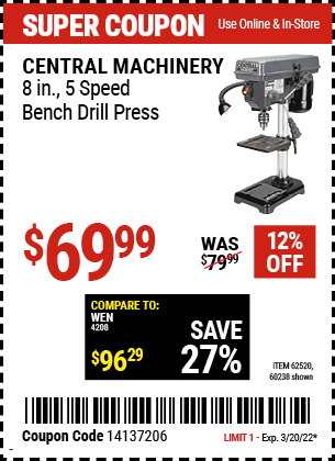 8 in. 5 Speed Bench Drill Press