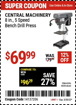 Central Machinery 8 in., 5 Speed Bench Drill Press