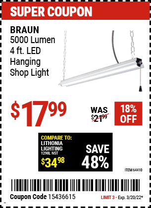 5000 Lumen 4 Ft. LED Hanging Shop Light