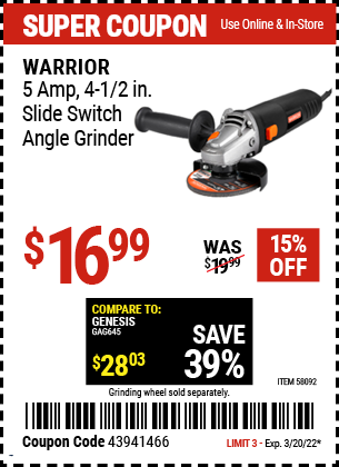 Warrior: 5 AMP, Angle Grinder