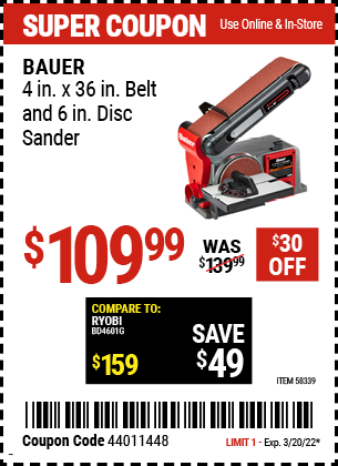 Bauer: 4in x 36in Belt and 6 In Disc Sander