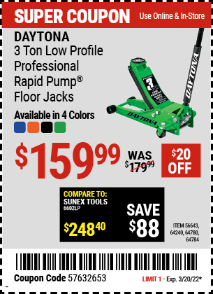 DAYTONA: 3 Ton Low Profile Professional Rapid Pump Floor Jack - Coupon