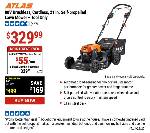 ATLAS: 80V Brushless Cordless 21 In. Self-Propelled Lawn Mower - Tool Only