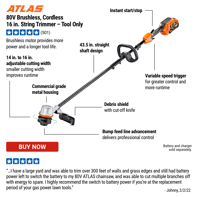 ATLAS: 80V Brushless Cordless 16 In. String Trimmer - Tool Only