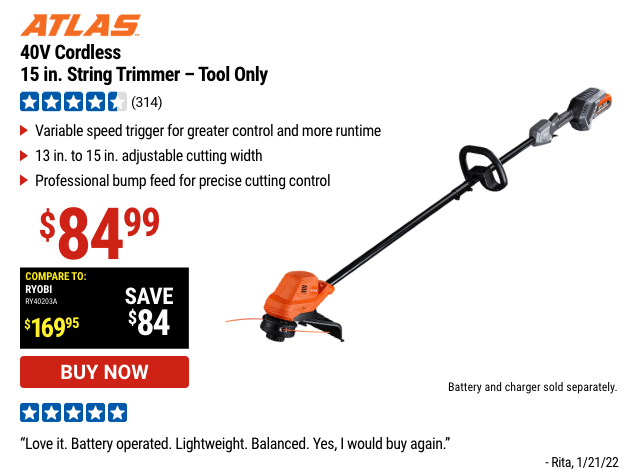 ATLAS: 40V Cordless 15 In. String Trimmer - Tool Only