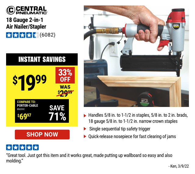 Central Pneumatic 18 gauge air nailer