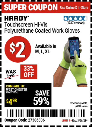 HARDY: Touchscreen Hi-Vis Polyurethane Coated Work Gloves, Large