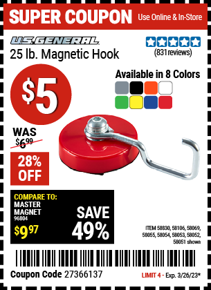 U.S. GENERAL: 25 lb. Magnetic Hook, Black