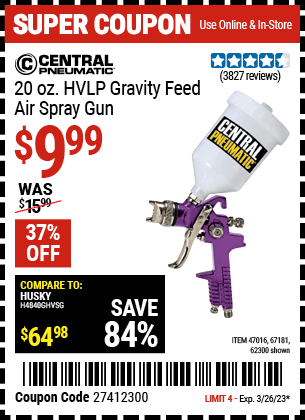 CENTRAL PNEUMATIC: 20 oz. HVLP Gravity Feed Air Spray Gun