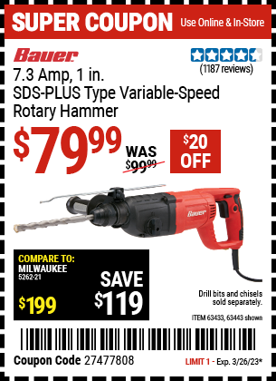 BAUER: 7.3 Amp 1 in. SDS-PLUS Type Variable Speed Rotary Hammer