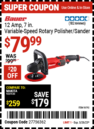 BAUER: 12 Amp 7 in. Variable Speed Rotary Polisher/Sander