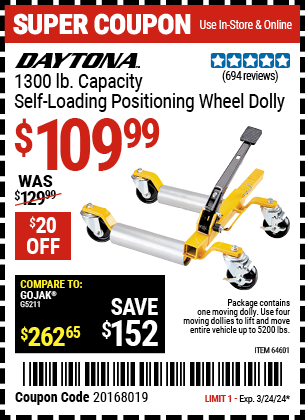DAYTONA: 1300 lb. Capacity Self-Loading Positioning Wheel Dolly