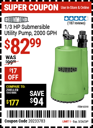 DRUMMOND: 1/3 HP Submersible Utility Pump 2000 GPH