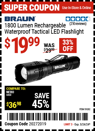 BRAUN: 1800 Lumen Rechargeable Waterproof Tactical LED Flashlight