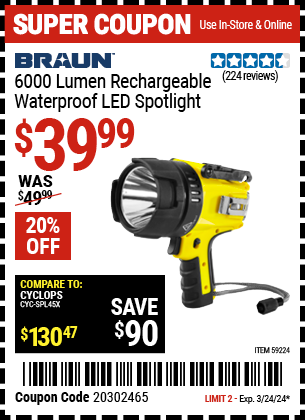 BRAUN: 6000 Lumen Rechargeable Waterproof LED Spotlight