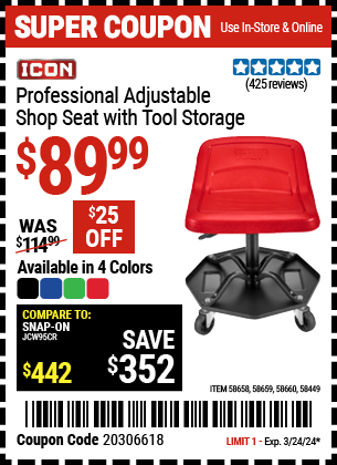 ICON: Professional Adjustable Shop Seat with Tool Storage