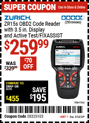 ZURICH: ZR15s OBD2 Code Reader with 3.5 In. Display and Active Test/FIXASSIST