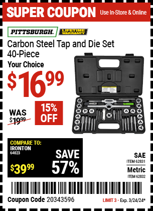PITTSBURGH: Carbon Steel Metric Tap and Die Set, 40 Piece