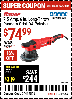 BAUER: 7.5 Amp, 6 in. Long-Throw Random Orbit DA Polisher