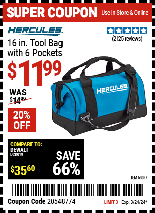 HERCULES: 16 in. Tool Bag with 6 Pockets