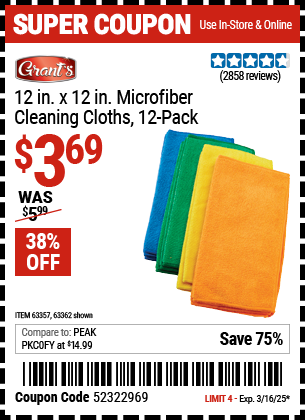GRANT'S: Microfiber Cleaning Cloth 12 in. x 12 in., 12-Pack