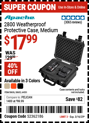 APACHE: 2800 Weatherproof Protective Case, Medium, Black