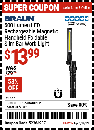BRAUN: 500 Lumen LED Rechargeable Magnetic Handheld Foldable Slim Bar Work Light