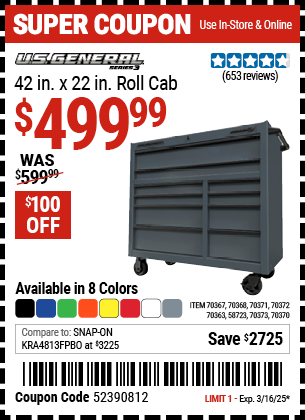U.S. GENERAL: 42 in. x 22 in. Roll Cab, Series 3, Slate Gray