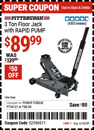 PITTSBURGH: 3 Ton Floor Jack with RAPID PUMP, Slate Gray