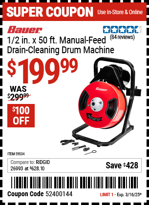 BAUER: 1/2 in. x 50 ft. Manual-Feed Drain Cleaning Drum Machine