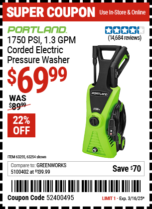 PORTLAND: 1750 PSI 1.3 GPM Corded Electric Pressure Washer