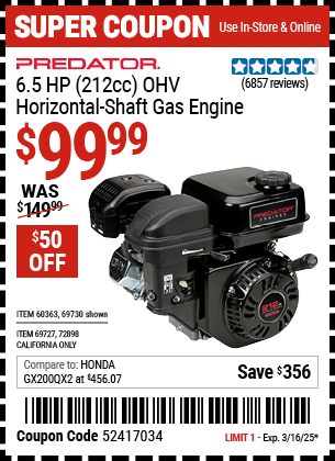 PREDATOR: 6.5 HP (212cc) OHV Horizontal Shaft Gas Engine, EPA/CARB