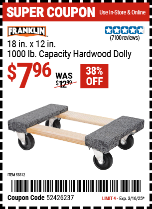 FRANKLIN: 18 in. x 12 in. 1000 lb. Capacity Hardwood Dolly