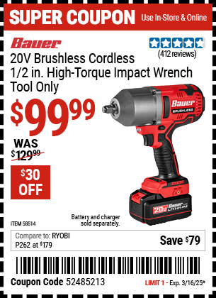 BAUER: 20V Brushless Cordless 1/2 in. High-Torque Impact Wrench - Tool Only
