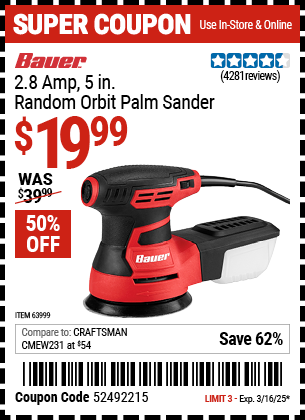 BAUER: 2.8 Amp, 5 in. Random Orbit Palm Sander