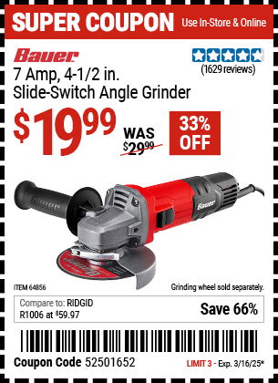 BAUER: 7 Amp 4-1/2 in. Slide Switch Angle Grinder
