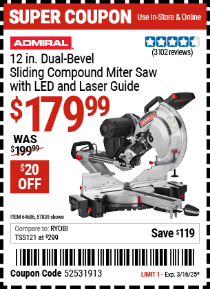 ADMIRAL: 12 in. Dual-Bevel Sliding Compound Miter Saw with LED and Laser Guide