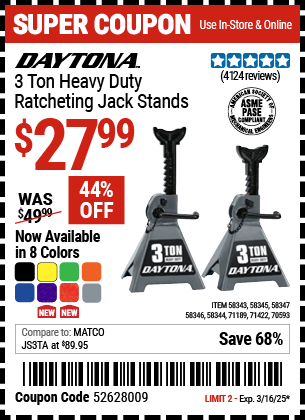 DAYTONA: 3 Ton Heavy Duty Ratcheting Jack Stands, Black