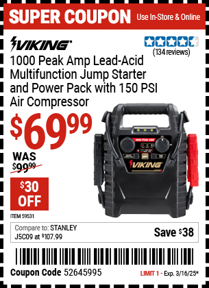 VIKING: 1000 Peak Amp Lead-Acid Multifunction Jump Starter and Power Pack with 150 PSI Air Compressor