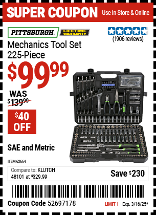 PITTSBURGH: Mechanics Tool Set, 225 Piece