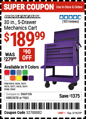 U.S. GENERAL: 30 in., 5-Drawer Mechanics Cart, Slate Gray