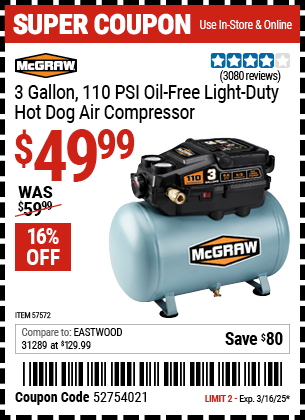 MCGRAW: 3 Gallon, 110 PSI Oil-Free Light-Duty Hot Dog Air Compressor