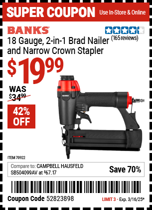 BANKS: 18 Gauge, 2-in-1 Brad Nailer and Narrow Crown Stapler